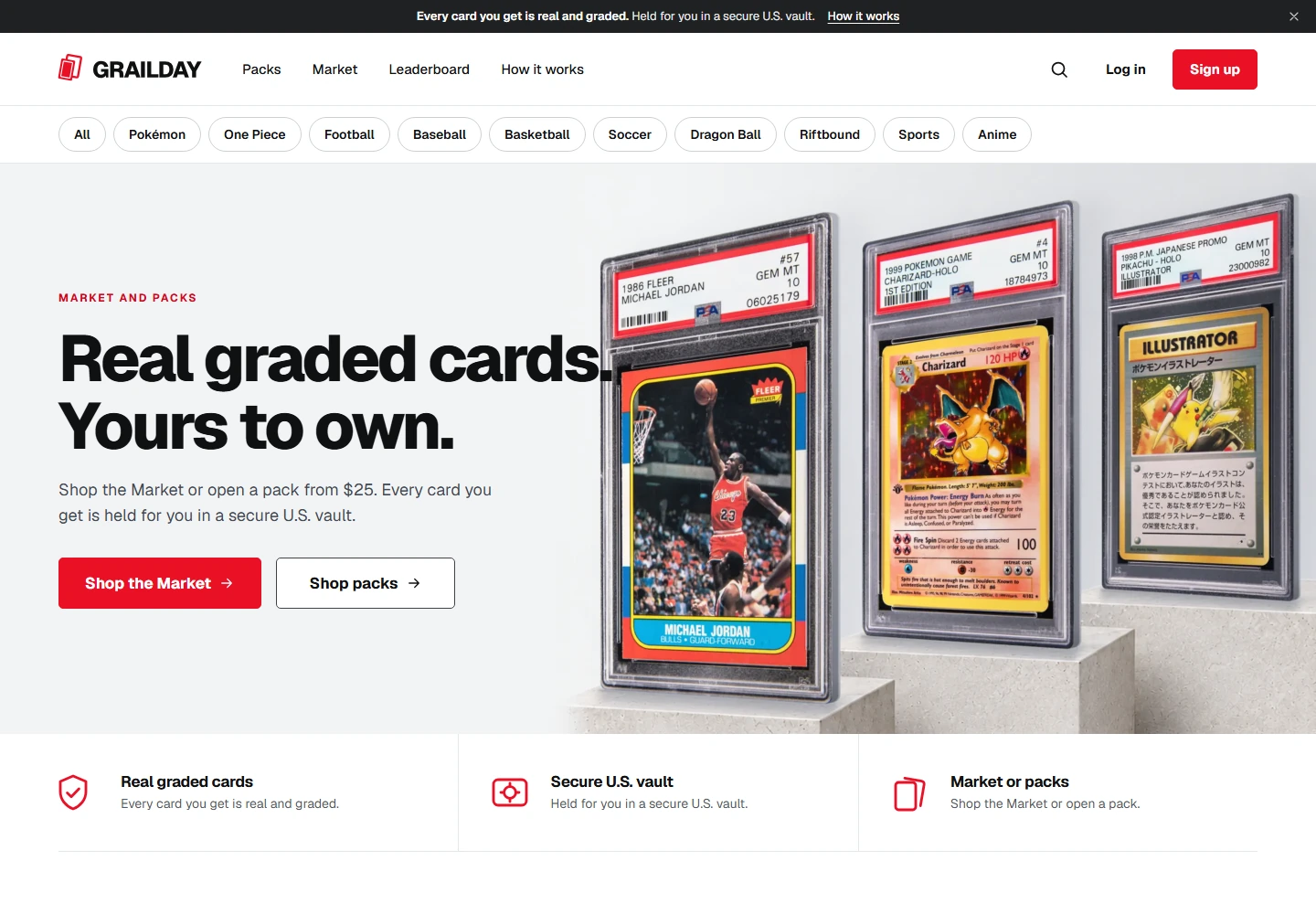 Grailday’s website, showing its real graded cards, Market and packs.