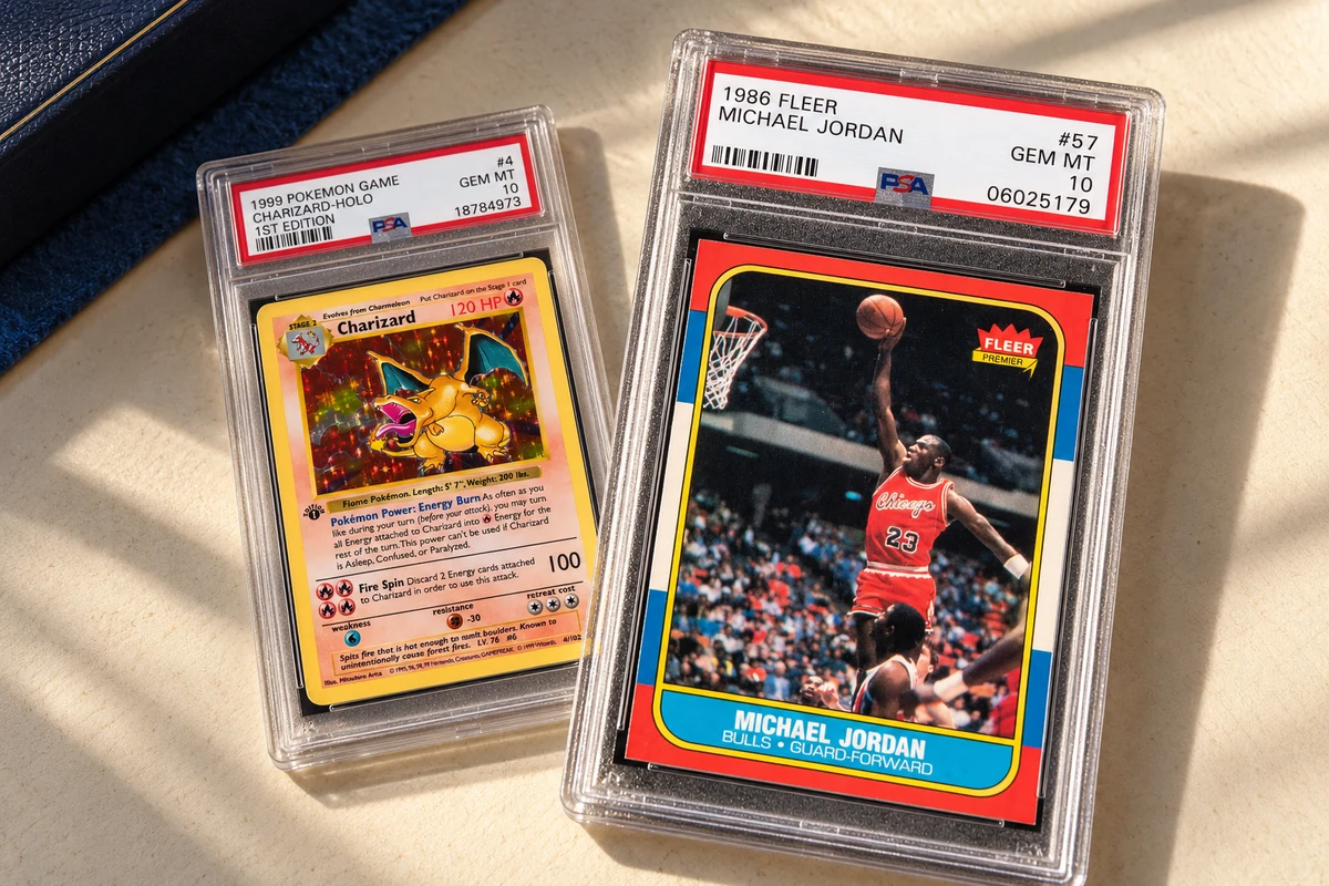 Editorial composition of a 1986 Fleer Michael Jordan rookie and a first-edition Base Set Charizard.